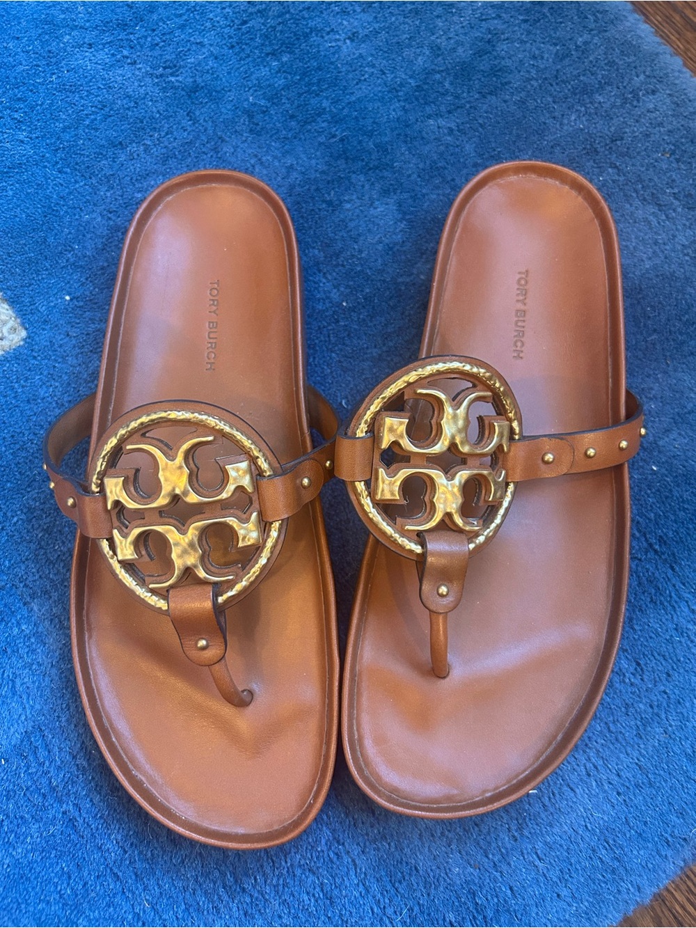 Tory Burch Miller Cloud Leather Thong Sandals with Gold Logo Medallions